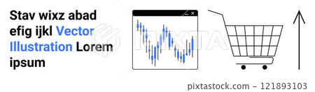 Computer window displaying stock market trends next to a shopping cart and an upward arrow. Ideal for business, finance, e-commerce, stock market, economic growth. Banner for landing page Computer window displaying stock market trends next to a shopping cart and an upward arrow. Ideal for business, finance, e-commerce, stock market, economic growth. Banner for landing page 121893103