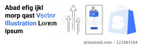 Elevator control panel with up buttons is next to arrows and a shopping bag. Ideal for online shopping platforms product descriptions commercial advertisements technology user interfaces. Landing 121893104