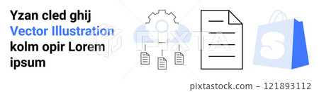 Gear with three connected documents, a paper sheet, and a shopping bag. Ideal for business processes, document management, e-commerce, technology integration. Landing page 121893112