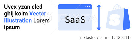 A mockup browser window with SaaS text next to a shopping bag with an up and down arrow between them. Ideal for SaaS, e-commerce, web development, online services, digital platforms. Landing page 121893113