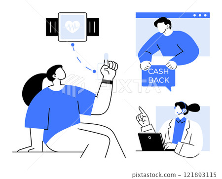 A person using a smartwatch for health tracking, a customer service representative at a laptop, and a person receiving cashback. Ideal for fitness, health technology, customer service, financial 121893115