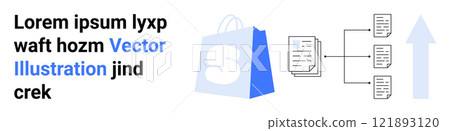 A blue shopping bag symbolizing e-commerce next to a document icon suggesting data management and a flowchart representing strategy process topped with an upward arrow for growth. Ideal for 121893120