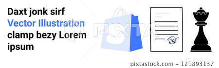 Shopping bag and signed document alongside a black chess piece. Ideal for business negotiation, e-commerce, decision-making, strategy, and legal documents. Landing page 121893137