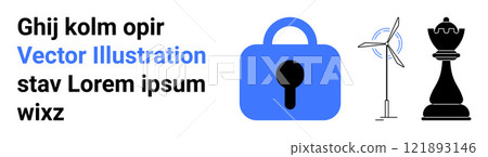 Blue padlock representing security, wind turbine symbolizing renewable energy, and black chess piece indicating strategic planning. Ideal for security services, renewable energy, strategy 121893146