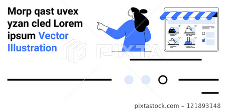 Woman pointing at a computer screen with a storefront interface ideal for themes such as, e-commerce online shopping customer interaction digital marketing and product display Banner for landing page 121893148