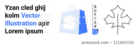 Shopping bag with letter S, stylized text, Buffer icon and leaf outline. Ideal for e-commerce, branding, digital marketing, online stores, and web design. Landing page Shopping bag with letter S, stylized text, Buffer icon and leaf outline. Ideal for e-commerce, branding, digital marketing, online stores, and web design. Landing page 121893156