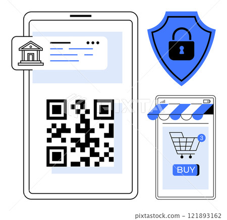 A smartphone with banking details, QR code and another phone with a shopping cart icon with notifications, shield with lock icon. Ideal for digital payments, online shopping, security, QR code usage 121893162