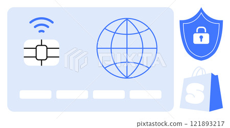 Credit card, internet globe, security shield, and shopping bag. Ideal for online payments, internet security, digital transactions, e-commerce, and financial protection. Minimalist, flat design in Credit card, internet globe, security shield, and shopping bag. Ideal for online payments, internet security, digital transactions, e-commerce, and financial protection. Minimalist, flat design in 121893217