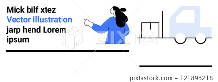 Woman in blue pointing at a truck with a cardboard box. Ideal for transportation logistics supply chain delivery services and warehousing. Banner for landing page Woman in blue pointing at a truck with a cardboard box. Ideal for transportation logistics supply chain delivery services and warehousing. Banner for landing page 121893218