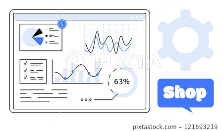 E-commerce dashboard with pie charts, bar graphs, line graphs, and a percentage indicator. Ideal for online business, data analysis, sales performance, marketing strategy, and technology. Minimalist E-commerce dashboard with pie charts, bar graphs, line graphs, and a percentage indicator. Ideal for online business, data analysis, sales performance, marketing strategy, and technology. Minimalist 121893219