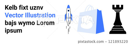 Rocket launching represents progress, shopping bag implies e-commerce, and chess piece signifies strategy. Ideal for business growth startups e-commerce strategy marketing materials. Landing page Rocket launching represents progress, shopping bag implies e-commerce, and chess piece signifies strategy. Ideal for business growth startups e-commerce strategy marketing materials. Landing page 121893220