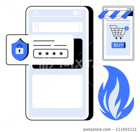 Smartphone screen with password protection symbol, online shopping cart, and firewall icon. Ideal for mobile security, e-commerce safety, password management, online shopping, cybersecurity. Flat 121893231