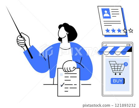 A person points to a profile, rating stars and an online shopping cart on a smartphone screen. Ideal for online education, e-commerce, digital marketing, customer reviews and online shopping themes A person points to a profile, rating stars and an online shopping cart on a smartphone screen. Ideal for online education, e-commerce, digital marketing, customer reviews and online shopping themes 121893232