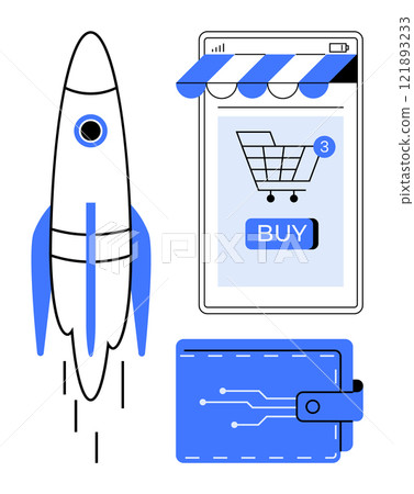 Rocket, smartphone with a shopping cart and buy button, and wallet. Ideal for digital marketing, e-commerce, online shopping, fintech, and business growth. Simple line art 121893233