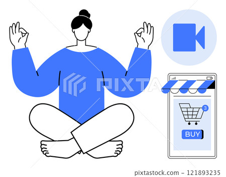 Person meditating in a calm position, a video symbol beside them, and a smart device displaying shopping cart with notifications. Ideal for mindful shopping, online relaxation, digital balance Person meditating in a calm position, a video symbol beside them, and a smart device displaying shopping cart with notifications. Ideal for mindful shopping, online relaxation, digital balance 121893235