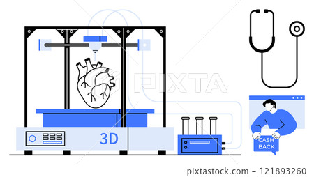3D printer creating a human heart, stethoscope, lab equipment, and a person offering cash back Ideal for healthcare technology, medical research, biotechnology, financial incentives, and innovation 121893260