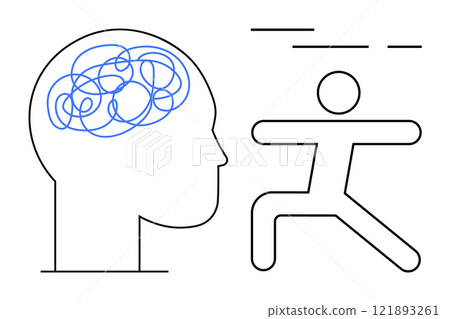 Simplified outlines of a human head with tangled lines inside, suggesting brain activity, next to a stick figure in a running pose. Ideal for psychology, mental health, fitness, cognitive science Simplified outlines of a human head with tangled lines inside, suggesting brain activity, next to a stick figure in a running pose. Ideal for psychology, mental health, fitness, cognitive science 121893261