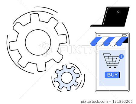 Laptop, gears, and shopping cart symbolize online shopping and automation. Ideal for e-commerce, technology, automation, online shopping, business process optimization. Flat vector style 121893265