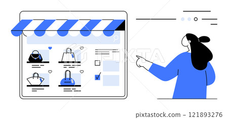 A woman points to a screen under an awning with several handbag options. Ideal for e-commerce, online shopping, digital marketing, product listing, user interface design. Modern clean style A woman points to a screen under an awning with several handbag options. Ideal for e-commerce, online shopping, digital marketing, product listing, user interface design. Modern clean style 121893276