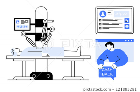 Robotic arms performing surgery on a patient, a medical monitor displaying vital signs, and a person showing a cashback notification. Ideal for healthcare, surgery, medical technology, finance Robotic arms performing surgery on a patient, a medical monitor displaying vital signs, and a person showing a cashback notification. Ideal for healthcare, surgery, medical technology, finance 121893281