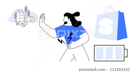 A woman with a blue shirt and black hair signals stop to food items while holding a blue paper bag and a battery icon next to her. Ideal for health, nutrition, fitness, conscious consumerism, energy A woman with a blue shirt and black hair signals stop to food items while holding a blue paper bag and a battery icon next to her. Ideal for health, nutrition, fitness, conscious consumerism, energy 121893282