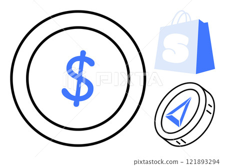 Two coins with dollar and arrow symbols along with a shopping bag create a financial theme. Ideal for e-commerce, investment, savings, financial growth, and economic analysis. Simple line style 121893294