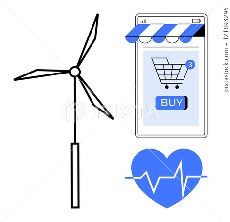Wind turbine, online shopping on smartphone, and heart rate symbol. Ideal for technology, renewable energy, e-commerce, environmental sustainability, and healthcare. Simple graphic style 121893295
