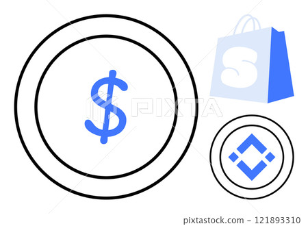 Blue dollar sign in large circle and shopping bag with white S. Ideal for finance, cryptocurrency, e-commerce, online shopping, digital transactions. Simple and modern style 121893310