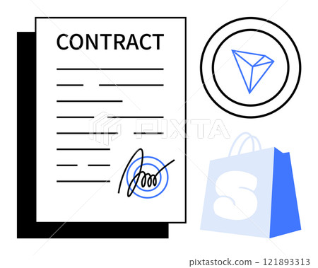 Contract with lines of text and a signature, a geometric symbol in a circle, and a shopping bag with an S. Ideal for legal documents, business agreements, shopping, signatures, and commerce. Simple Contract with lines of text and a signature, a geometric symbol in a circle, and a shopping bag with an S. Ideal for legal documents, business agreements, shopping, signatures, and commerce. Simple 121893313