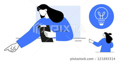 Woman in blue holding a clipboard and pointing. A circular light bulb symbol beside her and a smaller figure replicating the same action. Ideal for education, leadership, ideas, innovation, teamwork Woman in blue holding a clipboard and pointing. A circular light bulb symbol beside her and a smaller figure replicating the same action. Ideal for education, leadership, ideas, innovation, teamwork 121893314
