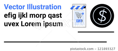 Shopping cart on a smartphone screen and currency symbol. Ideal for online shopping, mobile commerce, digital marketplace, financial transactions, retail business. Banner for landing page Shopping cart on a smartphone screen and currency symbol. Ideal for online shopping, mobile commerce, digital marketplace, financial transactions, retail business. Banner for landing page 121893327