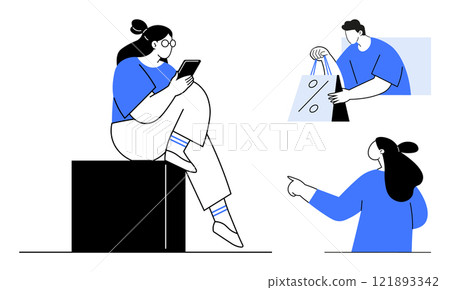 Person sitting on a block using a tablet, individual carrying shopping bags, another person pointing. Ideal for technology, lifestyle, online shopping, digital communication, consumer behavior 121893342