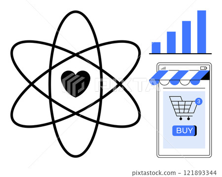 Heart inside an atom symbol, a smartphone with an e-commerce buying icon, and a bar graph. Ideal for business, e-commerce, data analysis, customer engagement, and technology themes. Minimalist 121893344