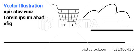 Shopping cart beside cloud with horizontal lines on a white background. Ideal for E-commerce, Weather Forecasts, Minimalist Designs, UI UX Mockups, and Concept Art. Banner for landing page Shopping cart beside cloud with horizontal lines on a white background. Ideal for E-commerce, Weather Forecasts, Minimalist Designs, UI UX Mockups, and Concept Art. Banner for landing page 121893430
