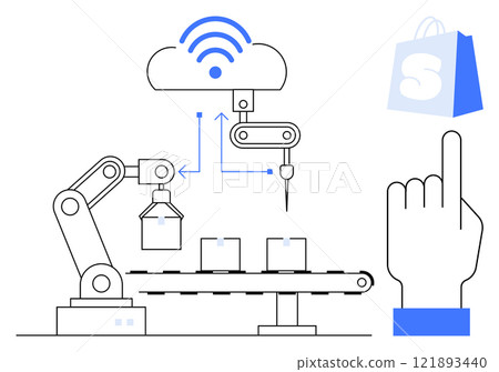 Robotic arm on conveyor belt connected to cloud via wireless signal. Finger pointing towards shopping bag icon demonstrating automation and digital commerce. Ideal for manufacturing, e-commerce Robotic arm on conveyor belt connected to cloud via wireless signal. Finger pointing towards shopping bag icon demonstrating automation and digital commerce. Ideal for manufacturing, e-commerce 121893440