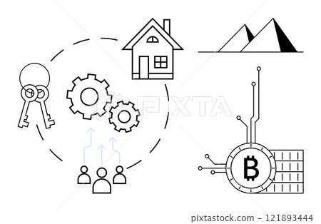 House with gears and keys representing real estate and technology Bitcoin symbolizing cryptocurrency, and pyramids reflecting history Ideal for real estate technology cryptocurrency finance history House with gears and keys representing real estate and technology Bitcoin symbolizing cryptocurrency, and pyramids reflecting history Ideal for real estate technology cryptocurrency finance history 121893444