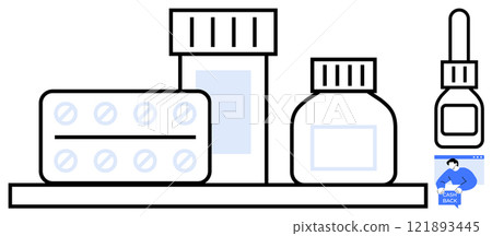 Medical supplies arranged on a shelf including blister pack of tablets, medicine bottles and small carton. Ideal for pharmacy, healthcare, medical, medication, and clinic settings. Clean, minimalist Medical supplies arranged on a shelf including blister pack of tablets, medicine bottles and small carton. Ideal for pharmacy, healthcare, medical, medication, and clinic settings. Clean, minimalist 121893445