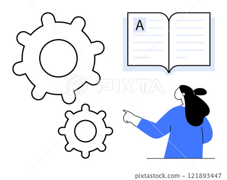 Two gear icons and an open book with a person pointing at them portraying learning. Ideal for education, knowledge sharing, technical learning, mechanical concepts, instructional design. Outline Two gear icons and an open book with a person pointing at them portraying learning. Ideal for education, knowledge sharing, technical learning, mechanical concepts, instructional design. Outline 121893447