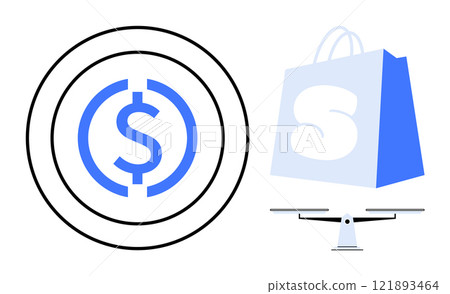 Currency symbol within concentric rings next to a shopping bag with a large S on a scale. Ideal for finance, e-commerce, balance, trade, shopping. Vector image in blue and black colours. Simple style 121893464