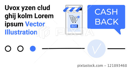 Mobile phone with a shopping cart, a cashback speech bubble, and text elements. Ideal for e-commerce, mobile shopping, cashback, online shopping, retail business. Banner for landing page 121893468