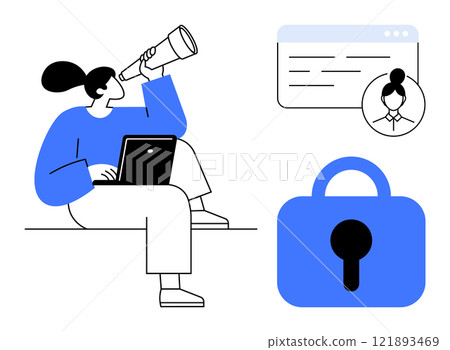 Woman looks through a telescope while using a laptop. Nearby are a web profile window and a large lock symbol. Ideal for online privacy, cybersecurity, user authentication, digital identity, data 121893469
