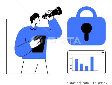 Man looking through a telescope with a tablet, accompanied by a padlock and a bar chart. Ideal for business strategy, cybersecurity, data analysis, future planning, market research. Simple graphic 121893470