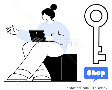 A woman sits on a black cube with a laptop on her lap. Her other hand is gesturing. Next to her is a large key graphic and a speech bubble saying Shop. Ideal for business, technology, security 121893472