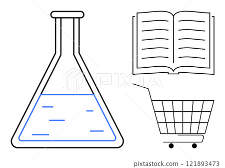 Laboratory flask partially filled with liquid, open book with lines, and shopping cart. Ideal for education, science, research, commerce and technology. Simple line art style 121893473
