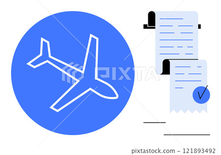 Blue circle with airplane symbol and two receipts with check marks. Ideal for travel, finance, business, expense management, record-keeping. Simple and modern style emphasizing clarity 121893492