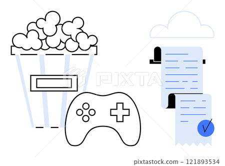 Black and white vector of a popcorn bucket, a gaming controller, and a to-do list with a cloud in minimalist style. Ideal for leisure, hobbies, productivity, organization, multimedia activities Black and white vector of a popcorn bucket, a gaming controller, and a to-do list with a cloud in minimalist style. Ideal for leisure, hobbies, productivity, organization, multimedia activities 121893534