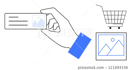 Hand holding a rectangular ID card, shopping cart icon, and framed image icon indicating digital themes. Ideal for e-commerce, online identification, digital marketing, website design, and user 121893536
