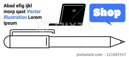 Text and graphic including a laptop, a large pen, and a blue chat bubble labeled shop. Ideal for online shopping, e-commerce, digital marketing, writing tools, graphic design. Banner for landing page 121893547