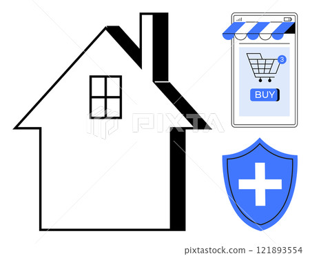 House outline, smartphone with shopping cart and buy button and security shield with cross. Ideal for home safety, online shopping, smart home, digital security, convenience. Simple modern style 121893554