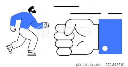 A man running towards a giant fist ready to punch. Ideal for themes like motivation, strength, determination, confrontation, and challenge. Simple lines and vibrant blue color 121893561